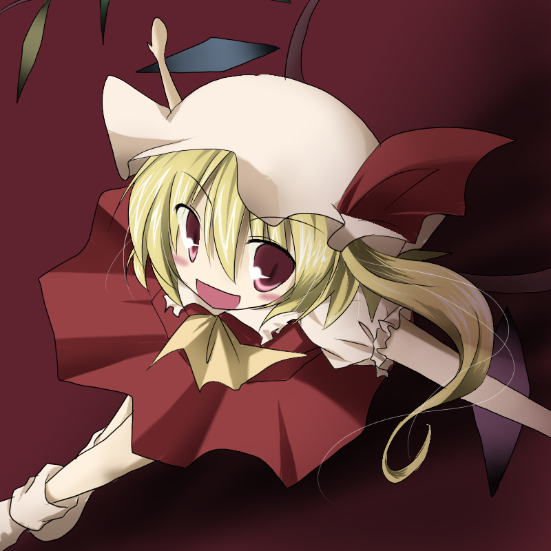haiiro (hi ghi ro), haiiro (immature), flandre scarlet, touhou, 1girl, black background, blonde hair, blouse, female focus, gradient background, hair between eyes, hat, mob cap, ponytail, red eyes, ribbon, shirt, short hair, solo, white hat, white shirt, wings