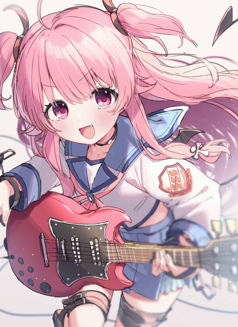 ksk (semicha keisuke), yui (angel beats!), angel beats!, gibson sg, commentary request, highres, 1girl, :d, ahoge, belt, black choker, black ribbon, blue sailor collar, blue skirt, blush, choker, cowboy shot, cross, cross hair ornament, demon tail, electric guitar, fang, guitar, hair ornament, hair ribbon, holding, holding guitar, holding instrument, instrument, latin cross, long hair, long sleeves, looking at viewer, miniskirt, open mouth, pink eyes, pink hair, pleated skirt, ribbon, sailor collar, school uniform, serafuku, shinda sekai sensen uniform, shirt, skirt, smile, solo, standing, standing on one leg, tail, thigh belt, thigh strap, two side up, very long hair, white background, white shirt