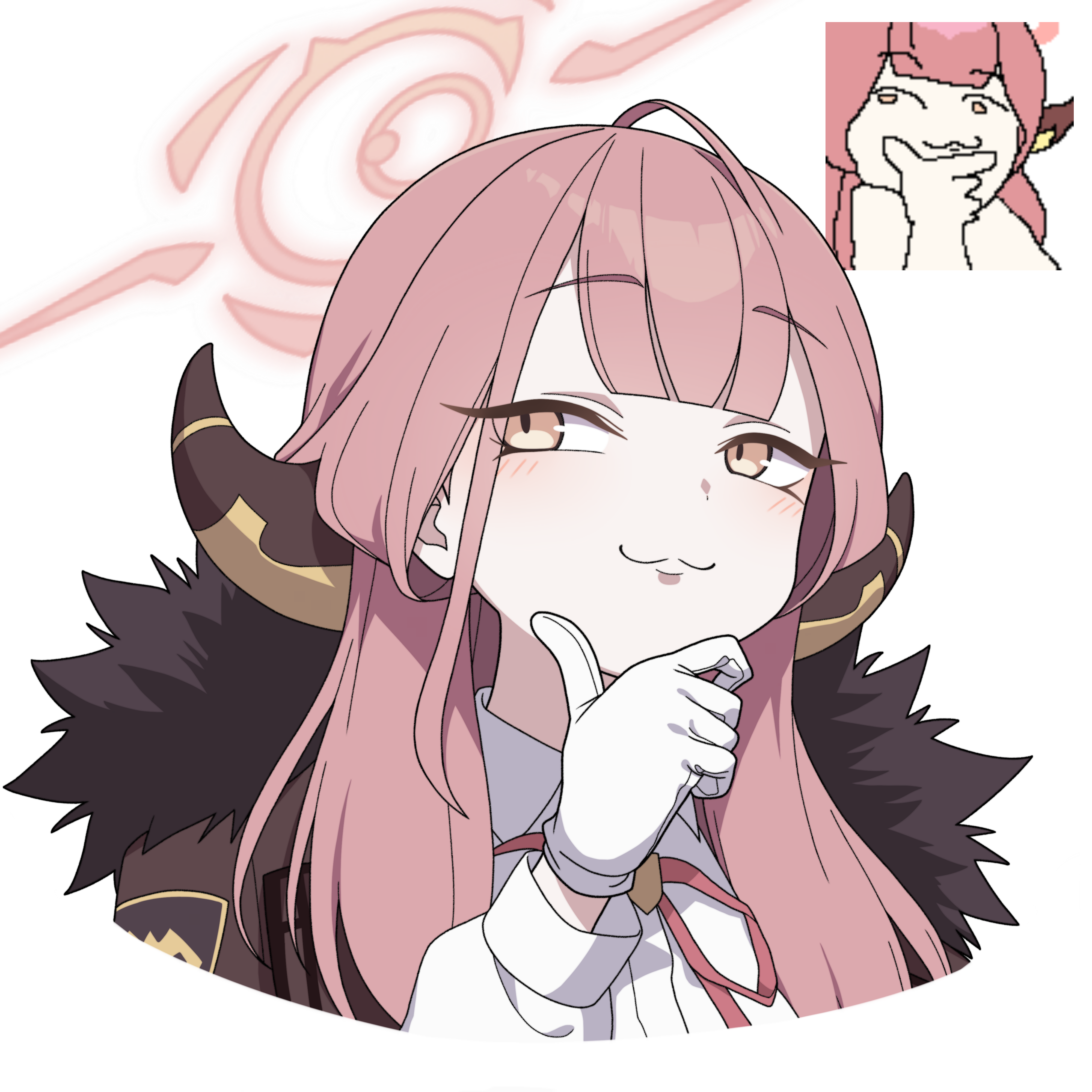 vector (dmlddmld00), aru (blue archive), blue archive, absurdres, highres, 1girl, :3, brown horns, coat, coat on shoulders, demon horns, fur-trimmed coat, fur trim, gloves, halo, horns, long hair, long sleeves, low horns, pink hair, pink halo, shirt, smile, very long hair, white gloves, white shirt, yellow eyes