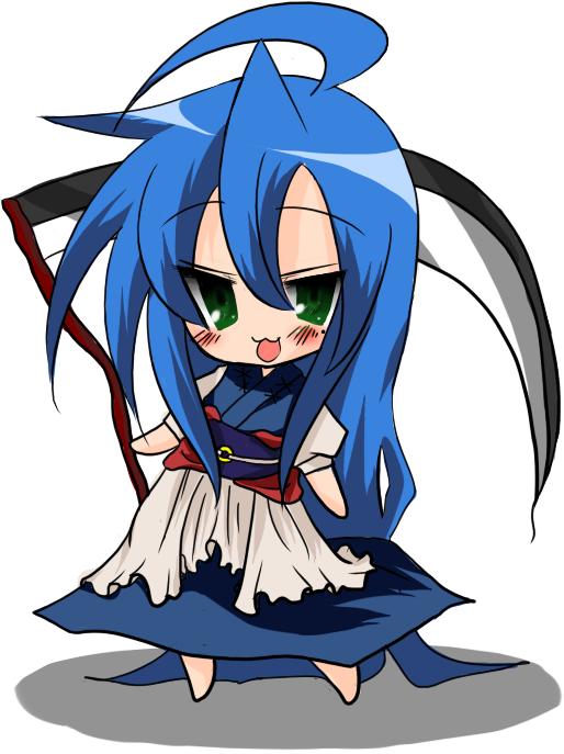 buuwa, izumi konata, onozuka komachi, lucky star, touhou, 1girl, barefoot, chibi, cosplay, female focus, mole, mole under eye, onozuka komachi (cosplay), parody, scythe, solo