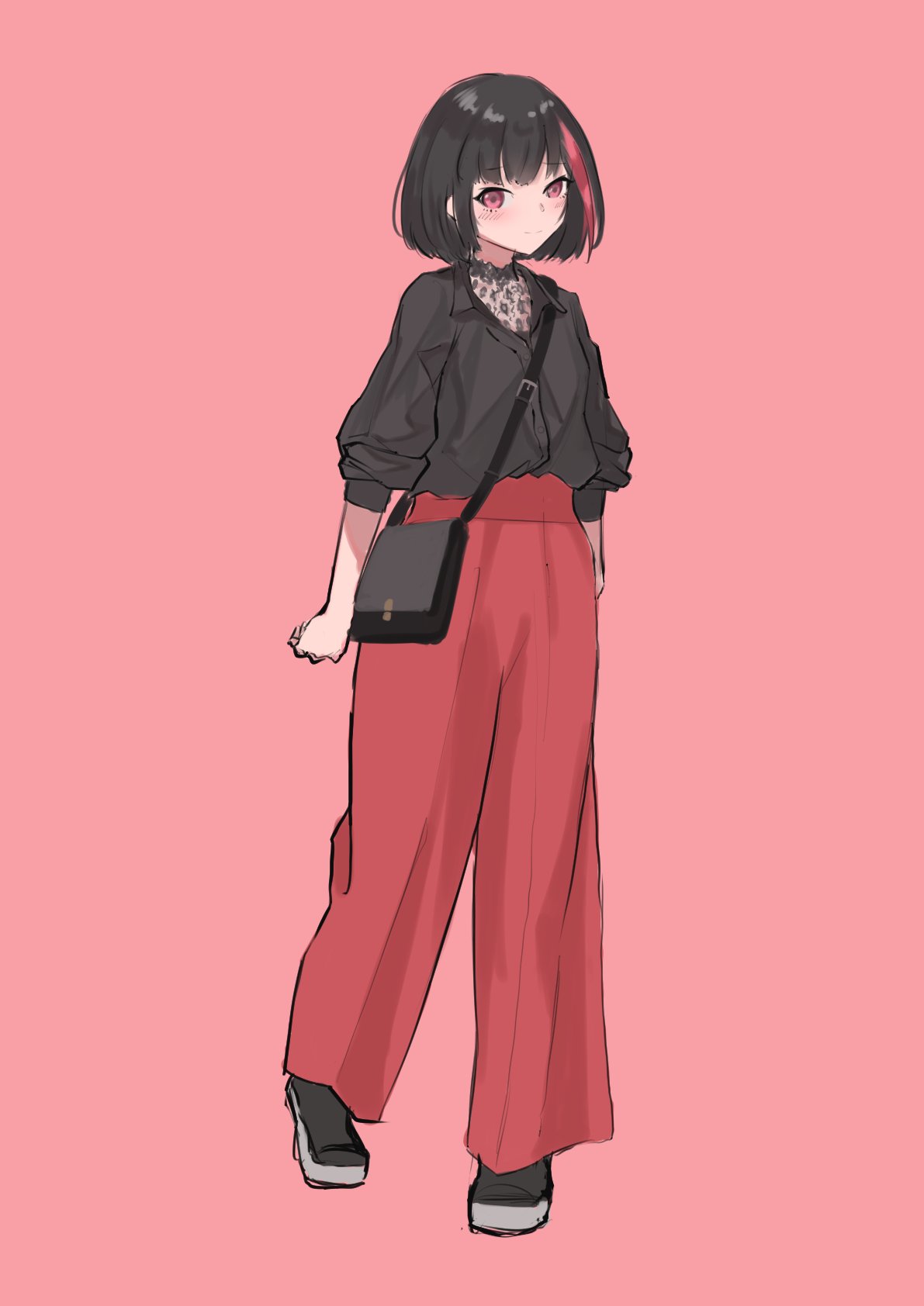 sunnysalt 08, mitake ran, bang dream!, commentary request, highres, 1girl, bag, black bag, black hair, black shirt, black shoes, blush, closed mouth, dress shirt, full body, looking at viewer, pants, pink background, purple eyes, red pants, red streaks, shirt, shoes, short hair, shoulder bag, simple background, sleeves rolled up, solo, three-quarter sleeves