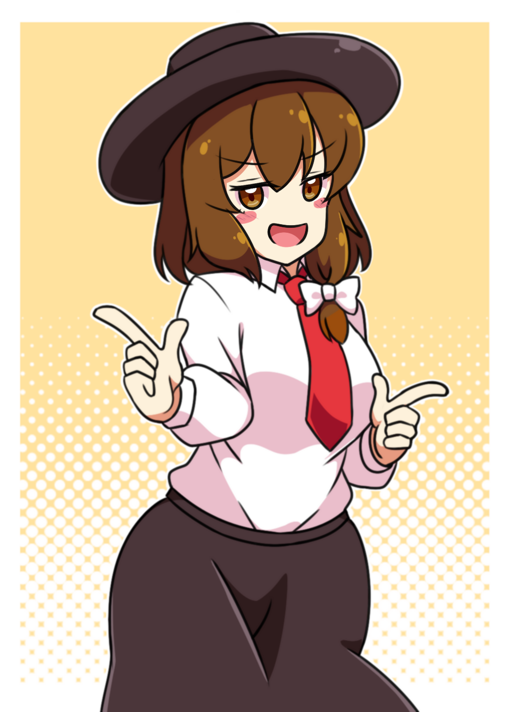 neferkitty, usami renko, touhou, highres, black hat, bow, brown eyes, brown hair, dress, fedora, hair bow, hat, hat bow, long hair, long sleeves, mob cap, necktie, open mouth, ribbon, shirt, short hair, skirt, smile, white bow, white shirt