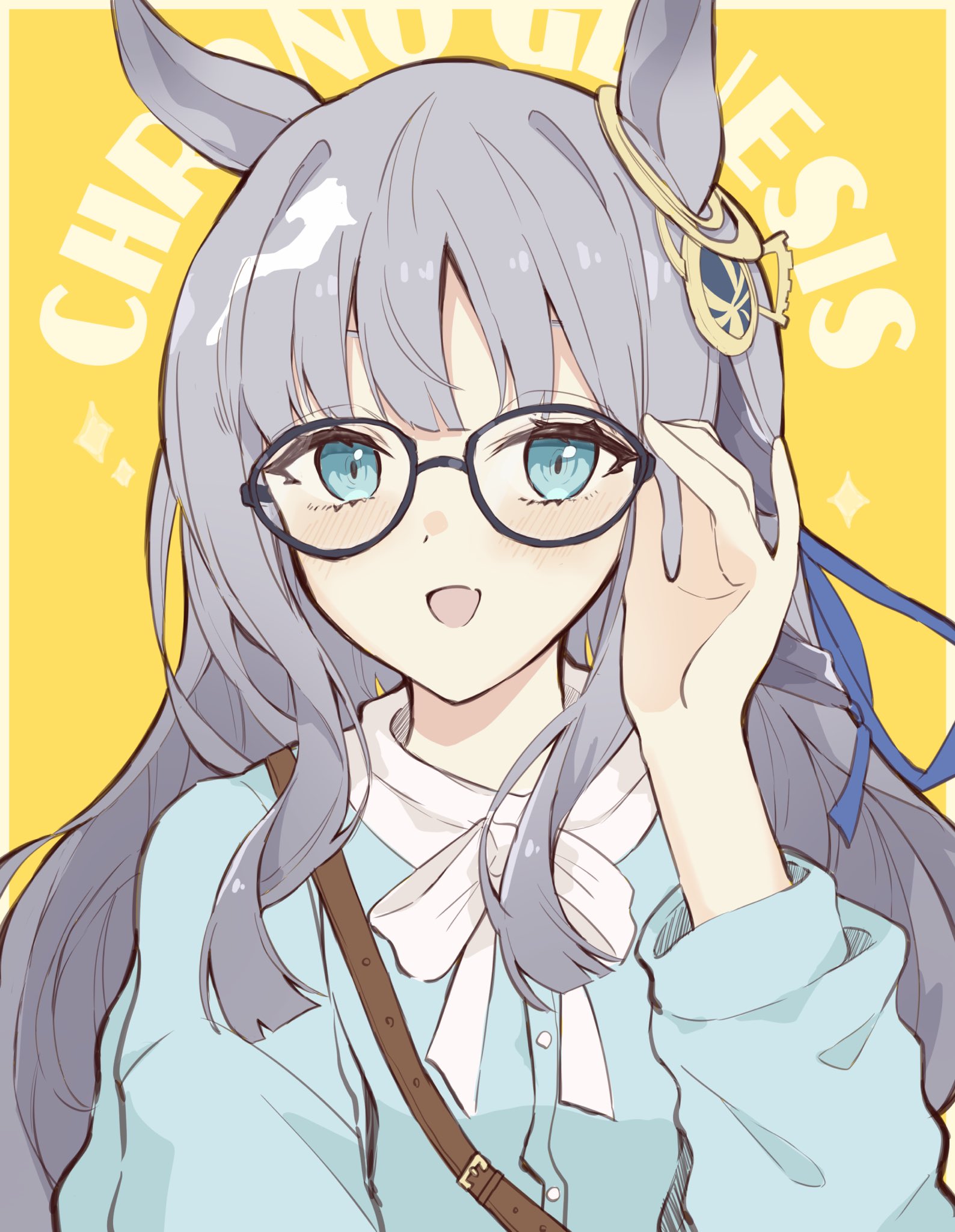 ri cochet, chrono genesis (umamusume), umamusume, commentary request, highres, 1girl, adjusting eyewear, animal ears, bespectacled, blue eyes, blush, breasts, casual, character name, glasses, grey background, hair between eyes, hair ornament, horse ears, horse girl, looking at viewer, open mouth, portrait, simple background, small breasts, solo