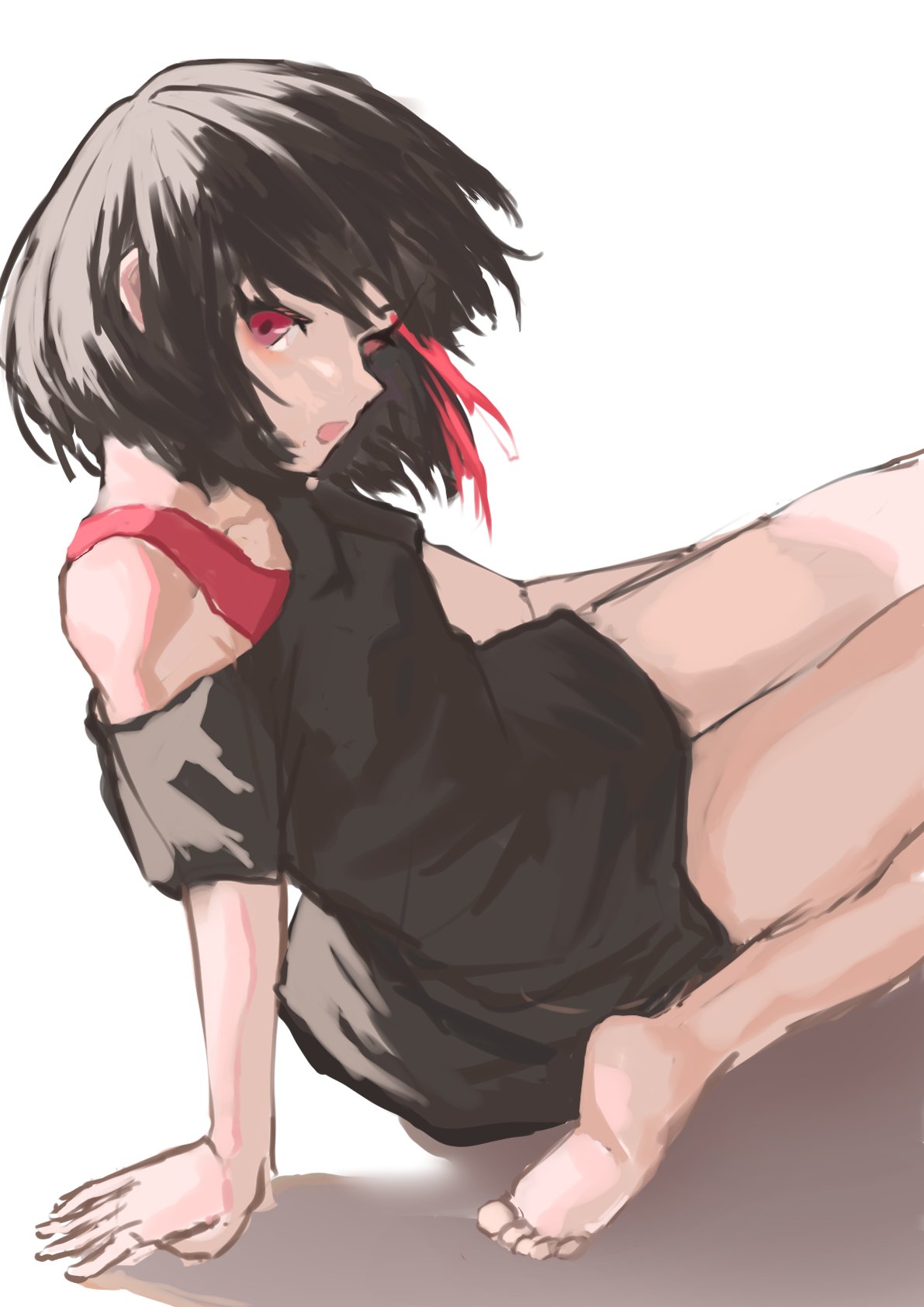 sunnysalt 08, mitake ran, bang dream!, commentary, hashtag-only commentary, highres, 1girl, barefoot, black hair, black shirt, open mouth, purple eyes, red streaks, red tank top, shirt, short hair, simple background, single off shoulder, solo, tank top, white background
