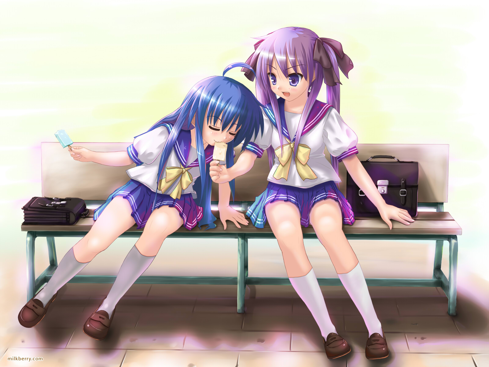 kisaragi miyu, hiiragi kagami, izumi konata, lucky star, highres, 00s, 2girls, ahoge, bag, blue eyes, blue hair, blush, closed eyes, eating, food, frown, full body, hair ribbon, long hair, mole, mole under eye, multiple girls, popsicle, purple hair, ribbon, school bag, school uniform, serafuku, sitting, surprised, tsurime, twintails