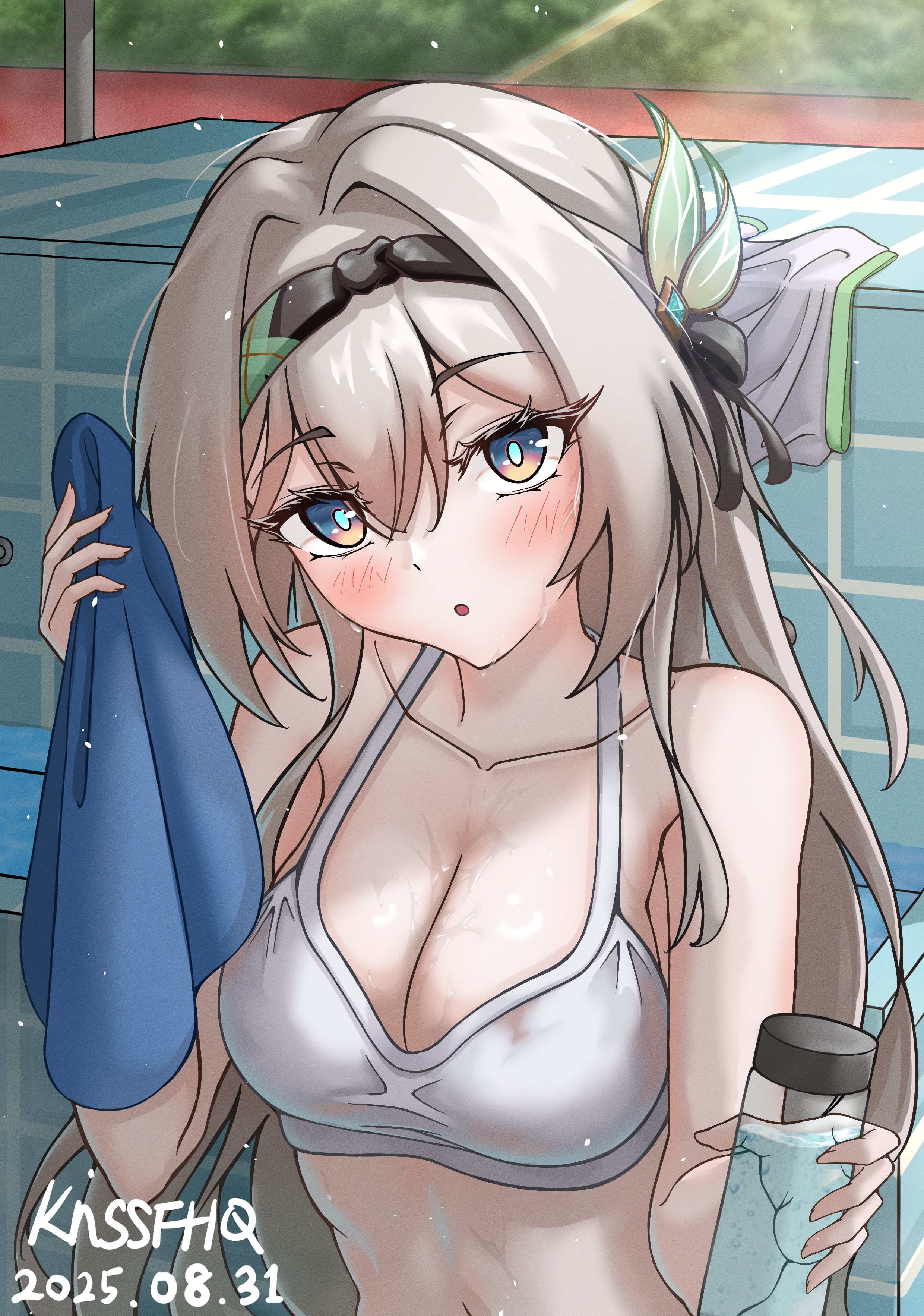 knssfhq, firefly (honkai: star rail), honkai: star rail, honkai (series), absurdres, highres, 1girl, :o, belly, bikini, black hairband, black ribbon, blush, bottle, breasts, cleavage, dated, green pupils, grey hair, hair between eyes, hair intakes, hair ornament, hair ribbon, hairband, holding, holding bottle, holding towel, large breasts, navel, open mouth, ribbon, solo, swimsuit, towel, twitter username, wet, white bikini