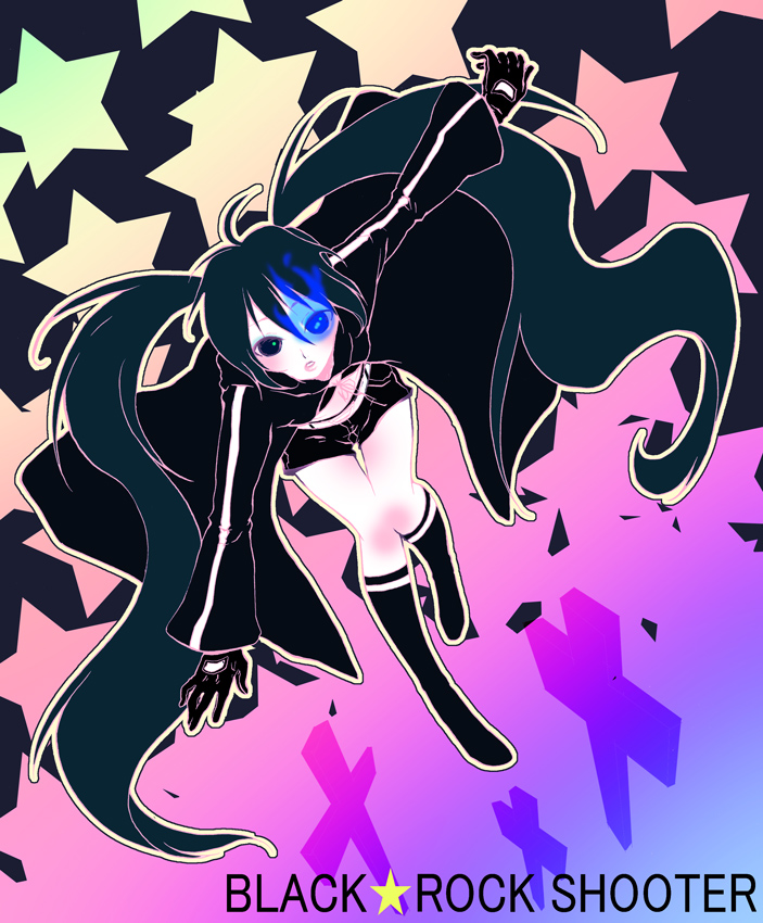 onasu (youyu), black rock shooter (character), hatsune miku, black rock shooter, vocaloid, bad id, bad pixiv id, 10s, 1girl, black hair, blacku00e2u02dcu2026rock shooter, female focus, solo, twintails