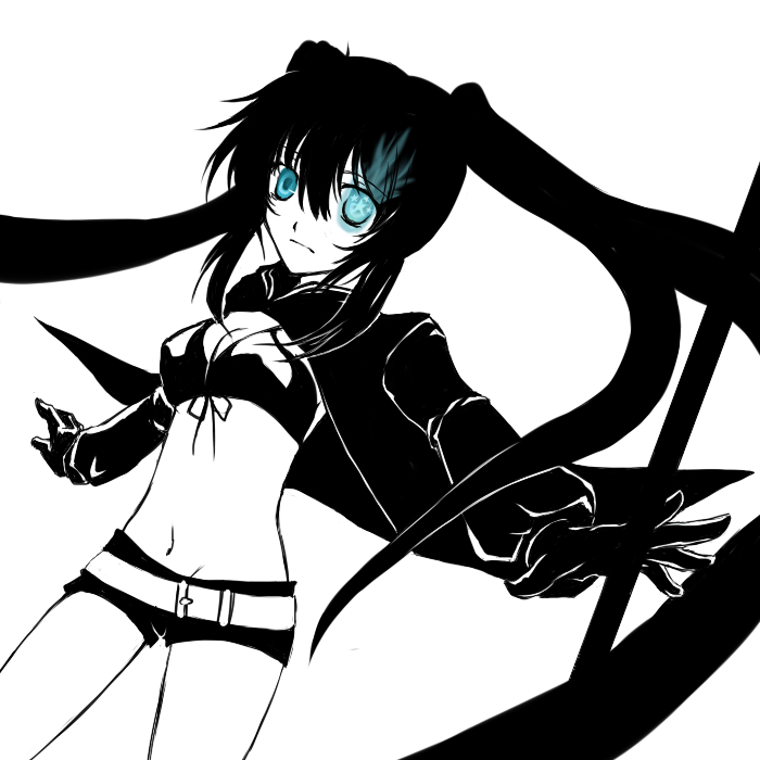 sowa, black rock shooter (character), hatsune miku, black rock shooter, vocaloid, bad id, bad pixiv id, 10s, 1girl, black hair, blacku00e2u02dcu2026rock shooter, blue eyes, female focus, midriff, navel, solo, twintails