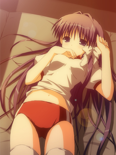 kohinata sora, fujibayashi kyou, clannad, 00s, clothes lift, double vertical stripe, gym uniform, midriff, shirt lift, solo, thighhighs