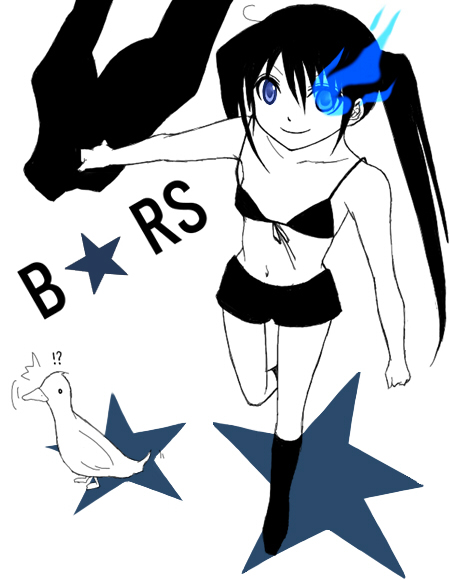 kuma (malia k), kuma (pixiv), black rock shooter (character), hatsune miku, black rock shooter, vocaloid, bad id, bad pixiv id, 10s, 1girl, blacku00e2u02dcu2026rock shooter, blue theme, female focus, midriff, monochrome, navel, solo