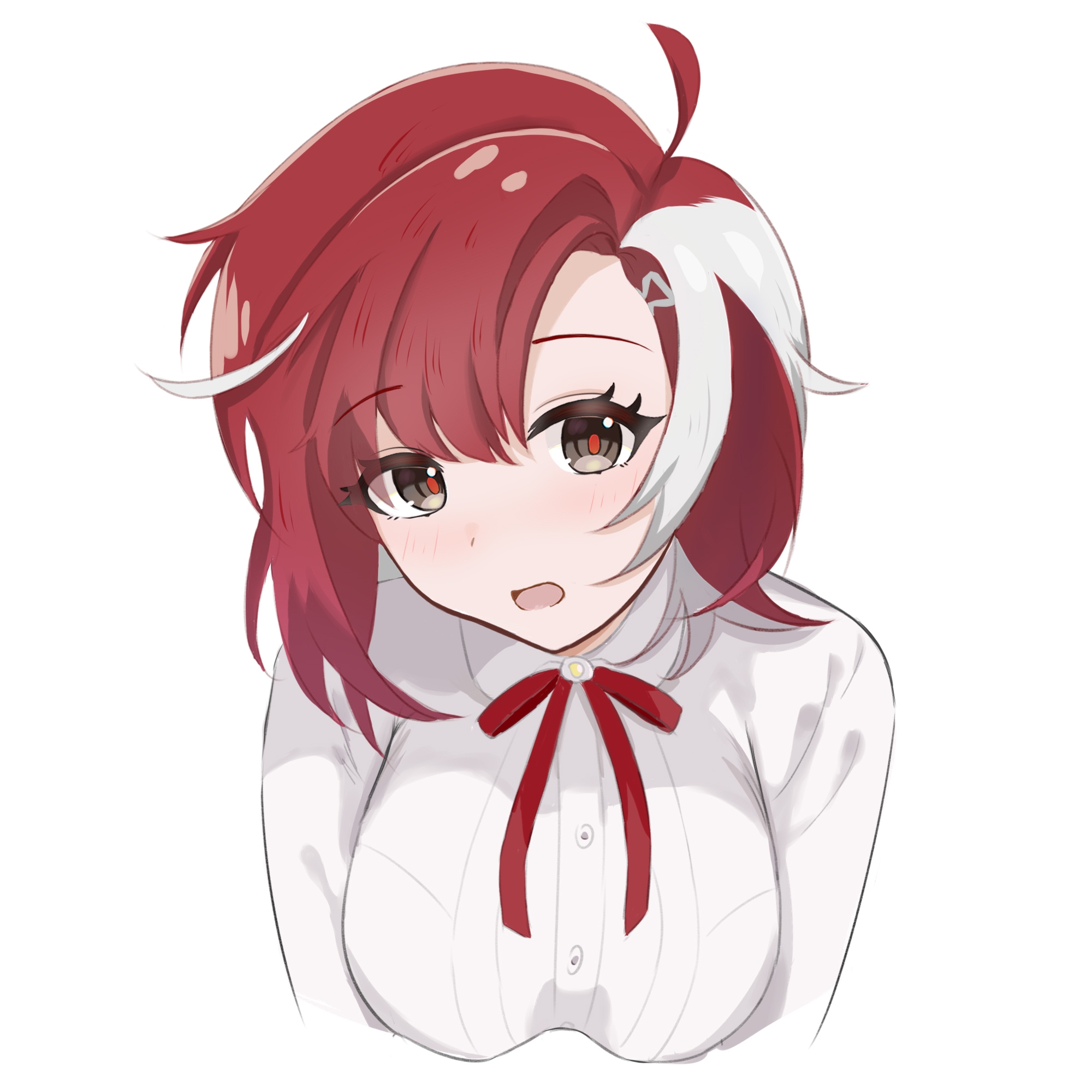 chokei, eika (strinova), strinova, highres, 1girl, ahoge, asymmetrical bangs, asymmetrical hair, breasts, green eyes, head tilt, looking at viewer, medium breasts, multicolored eyes, multicolored hair, open mouth, red eyes, red hair, ribbon, shirt, simple background, solo, white background, white hair, white shirt