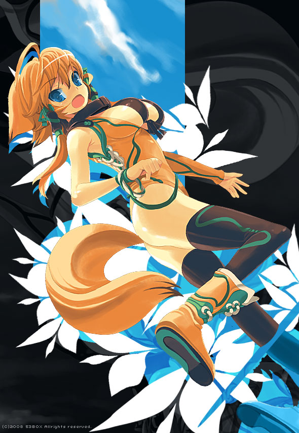 sango (53box), original, 1girl, animal ears, armpits, blue eyes, boots, bracelet, breasts, brown hair, collar, female focus, flower, fox ears, fox tail, jewelry, large breasts, short hair, sideboob, solo, tail, thighhighs, wolf ears, wolf tail