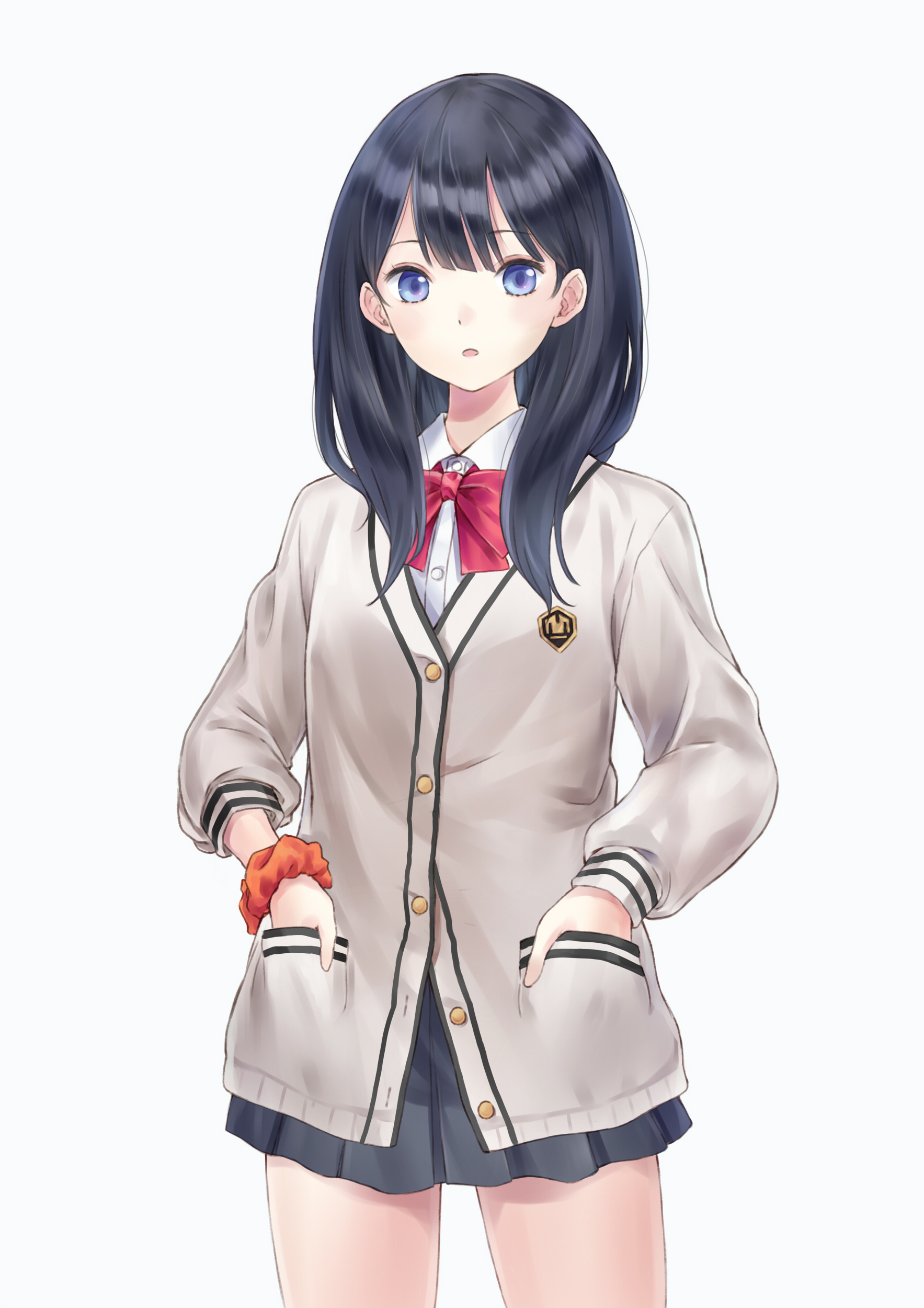 u-mil, takarada rikka, gridman universe, ssss.gridman, absurdres, highres, 1girl, black hair, black skirt, blue eyes, bow, brown jacket, collared shirt, hands in pockets, jacket, long hair, looking at viewer, open mouth, red bow, school uniform, scrunchie, shirt, simple background, skirt, solo, white background, white shirt, wrist scrunchie