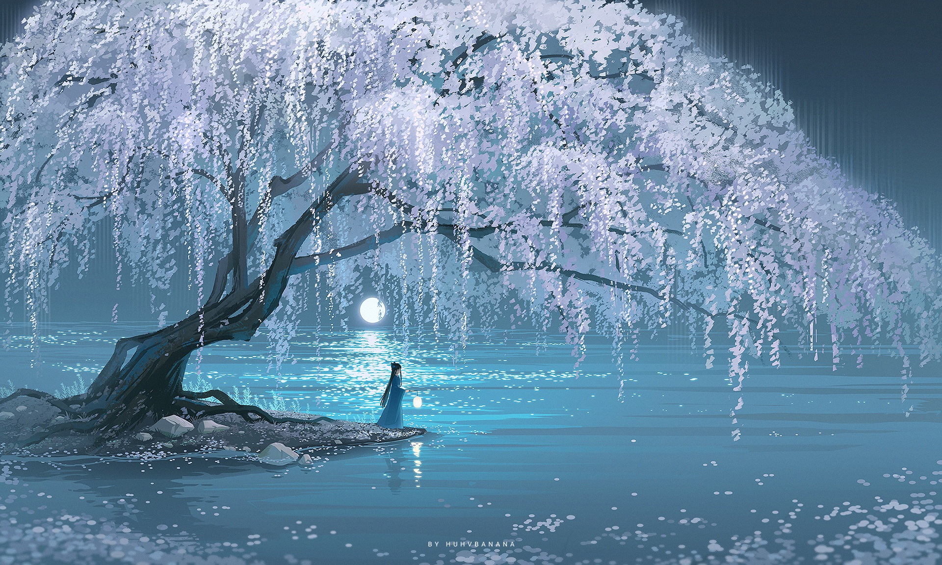 huhv., original, commentary request, highres, 1girl, aqua hanfu, artist name, black hair, chinese clothes, flower, from side, full moon, hanfu, holding, lake, lantern, long hair, moon, night, night sky, ocean, outdoors, paper lantern, reflection, reflective water, scenery, sky, standing, tree, very long hair, water, white flower, wide shot