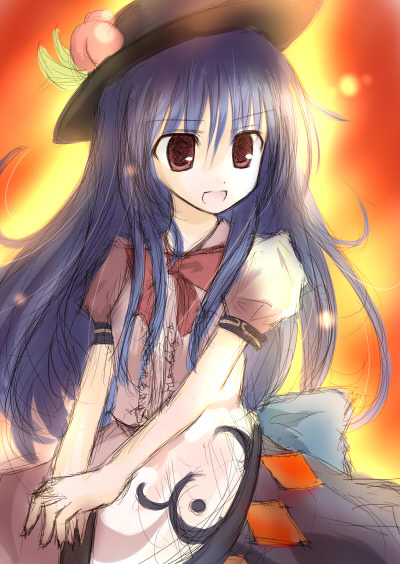 mashayuki, hinanawi tenshi, touhou, 1girl, blue hair, bow, female focus, food, fruit, gradient background, hat, peach, red eyes, sketch, solo, standing