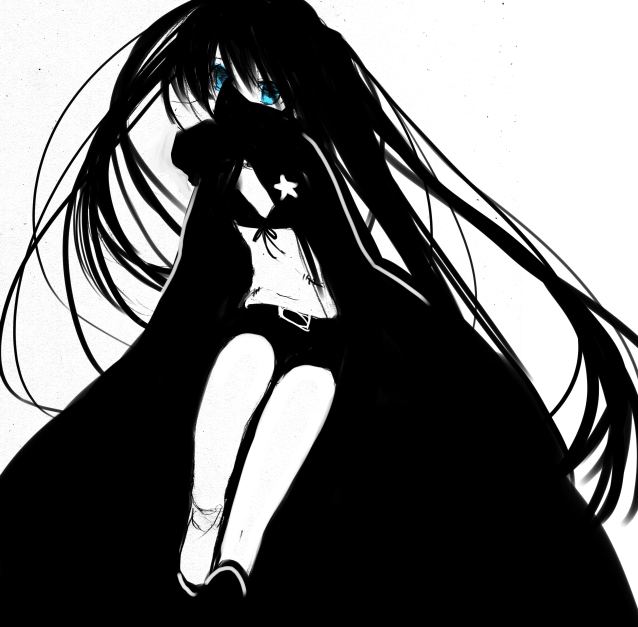 kaimuari, black rock shooter (character), hatsune miku, black rock shooter, vocaloid, bad id, bad pixiv id, 10s, 1girl, blacku00e2u02dcu2026rock shooter, blue eyes, female focus, midriff, monochrome, navel, simple background, solo, spot color