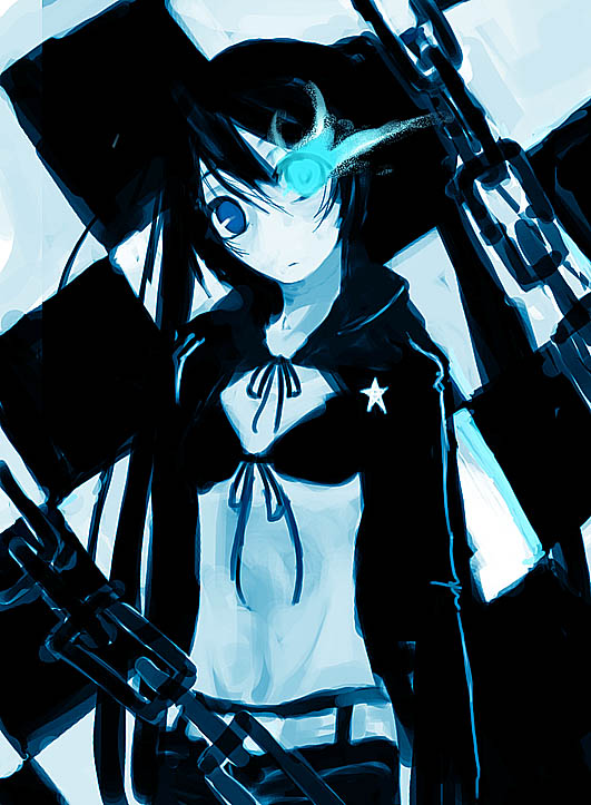 serika, black rock shooter (character), hatsune miku, black rock shooter, vocaloid, bad id, bad pixiv id, 10s, 1girl, blackâ˜…rock shooter, black hair, chain, female focus, midriff, monochrome, navel, solo