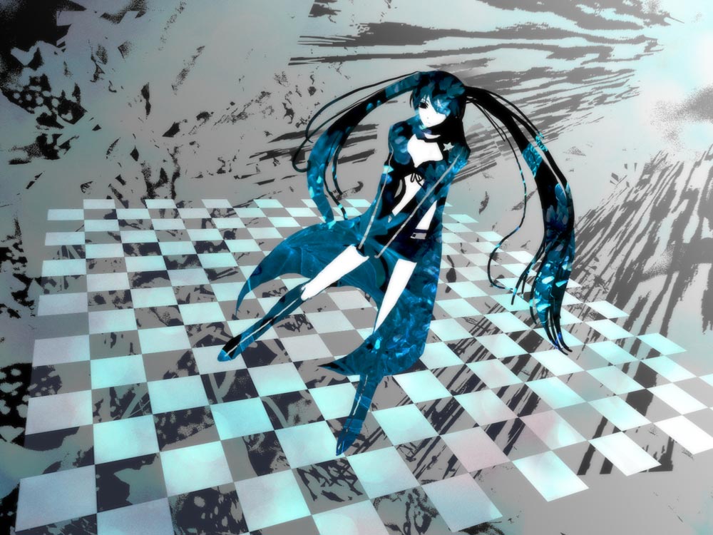 be, be (beaker), black rock shooter (character), black rock shooter, bad id, bad pixiv id, 10s, 1girl, beaker, black hair, blacku00e2u02dcu2026rock shooter, female focus, midriff, solo, twintails
