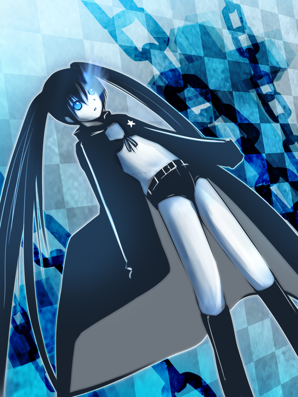 gure, black rock shooter (character), hatsune miku, black rock shooter, vocaloid, highres, 10s, 1girl, blackâ˜…rock shooter, black hair, blue eyes, blue theme, female focus, long hair, midriff, monochrome, scar, shorts, solo, stitches