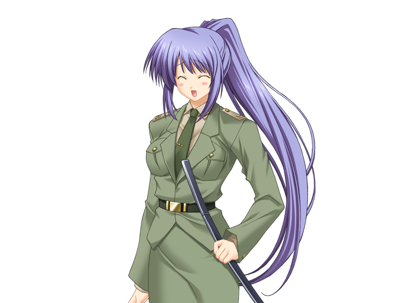 goma satoshi, hayashida ritsuko, oshiete miko sensei, game cg, 1girl, :d, belt, breasts, closed eyes, formal clothes, jacket, katana, large breasts, long hair, military, military uniform, necktie, open mouth, oshiete miko sensei (series), ponytail, purple hair, simple background, skirt, smile, solo, sword, very long hair, weapon