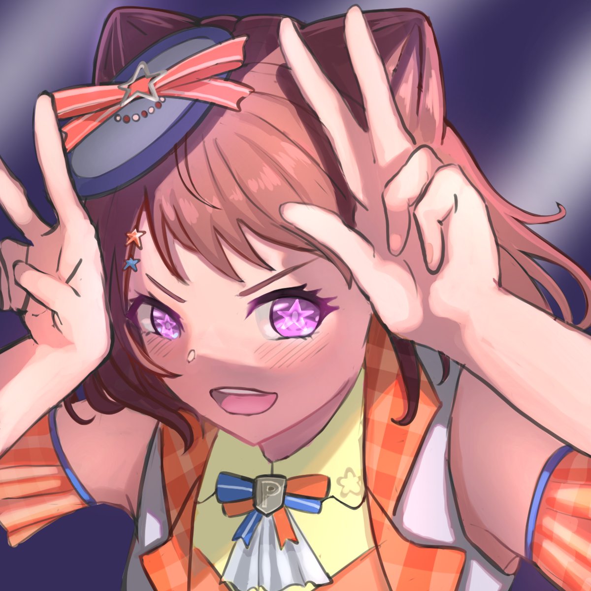sunnysalt 08, toyama kasumi, bang dream!, commentary request, highres, 1girl, blue hat, blush, brown hair, cone hair bun, detached sleeves, double w, hair bun, hair ornament, hat, looking at viewer, medium hair, open mouth, purple eyes, solo, star (symbol), star hair ornament, star in eye, symbol in eye, teeth, upper teeth only, w