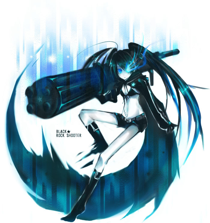 sp ng ny, black rock shooter (character), hatsune miku, black rock shooter, vocaloid, bad id, bad pixiv id, 10s, 1girl, arm cannon, blackâ˜…rock shooter, black hair, blue eyes, female focus, full body, long hair, midriff, monochrome, scar, shorts, solo, spot color, stitches, weapon