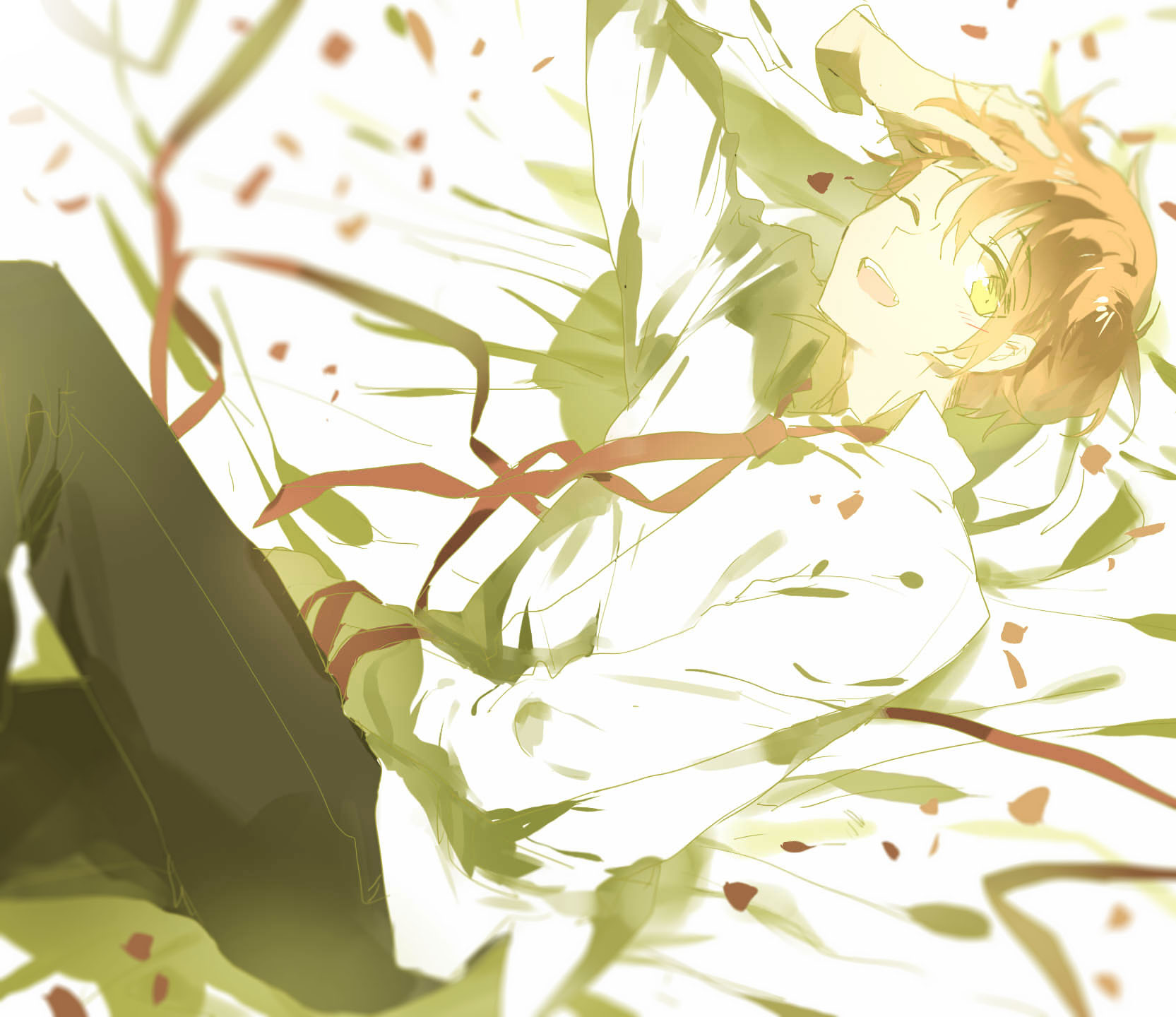 min (120716), hoshizora rin, love live!, love live! school idol project, chinese commentary, commentary request, highres, 1boy, adjusting hair, collared shirt, dress shirt, genderswap, genderswap (ftm), long sleeves, looking at viewer, male focus, necktie, one eye closed, open mouth, orange hair, red necktie, red petals, red ribbon, ribbon, shirt, short hair, smile, solo, teeth, upper teeth only, white shirt, yellow eyes