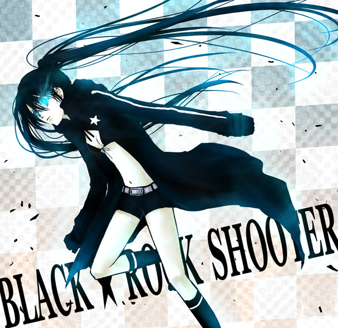 nino (nino imo), nino (sssaries), black rock shooter (character), hatsune miku, black rock shooter, vocaloid, 10s, 1girl, blackâ˜…rock shooter, black hair, blue eyes, female focus, long hair, midriff, navel, shorts, solo, twintails