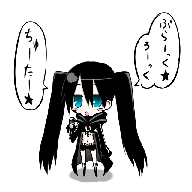 kurakumo nue, black rock shooter (character), hatsune miku, black rock shooter, vocaloid, translated, 10s, blackâ˜…rock shooter, black hair, chibi, microphone, midriff, navel, scar, solo, twintails