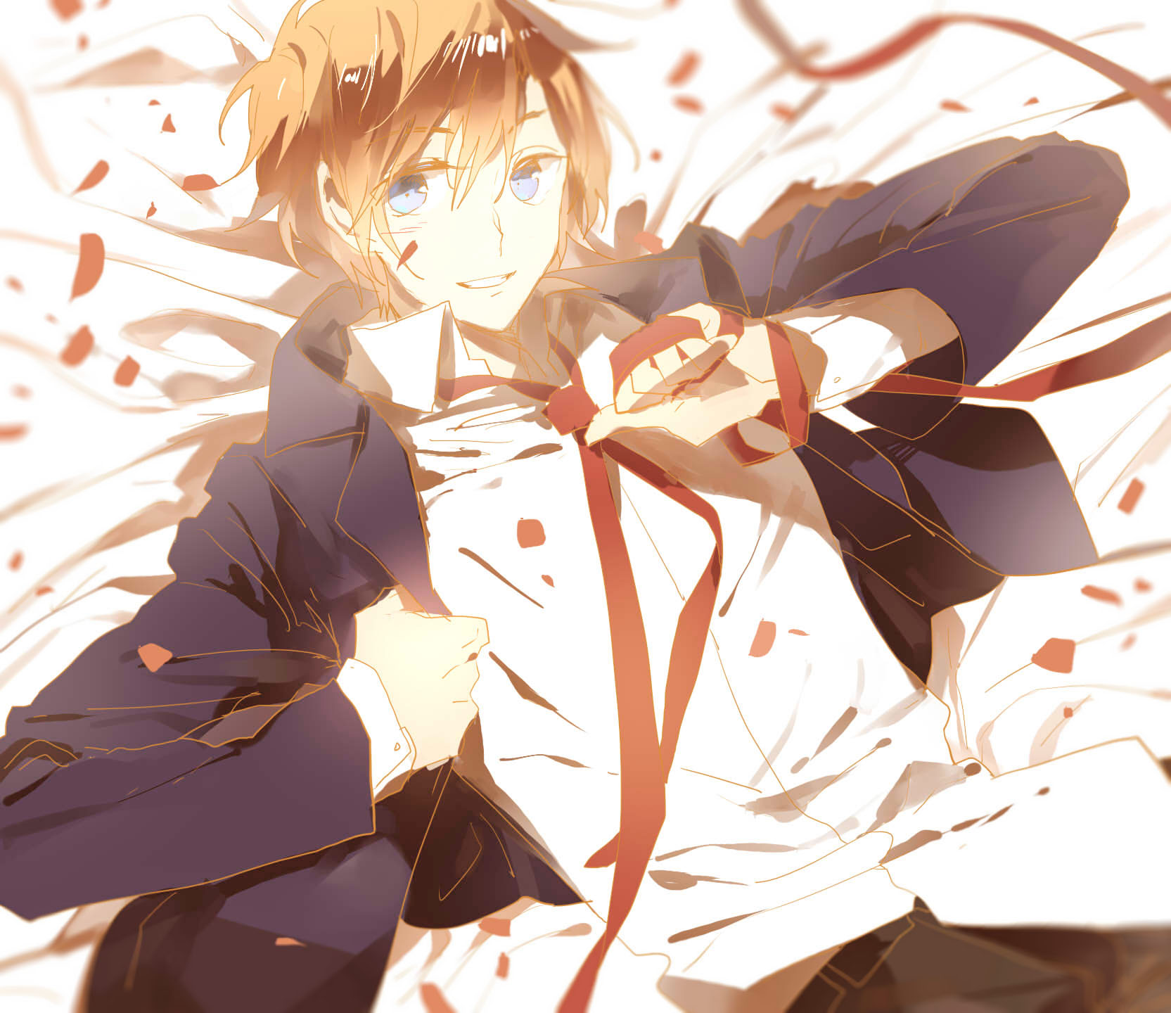 min (120716), kosaka honoka, love live!, love live! school idol project, chinese commentary, commentary request, highres, 1boy, blue eyes, clenched hand, clenched teeth, collared shirt, genderswap, genderswap (ftm), holding, holding ribbon, jacket, lapels, long sleeves, male focus, necktie, notched lapels, open clothes, open jacket, orange hair, red necktie, red petals, red ribbon, ribbon, shirt, short hair, smile, solo, teeth, white shirt