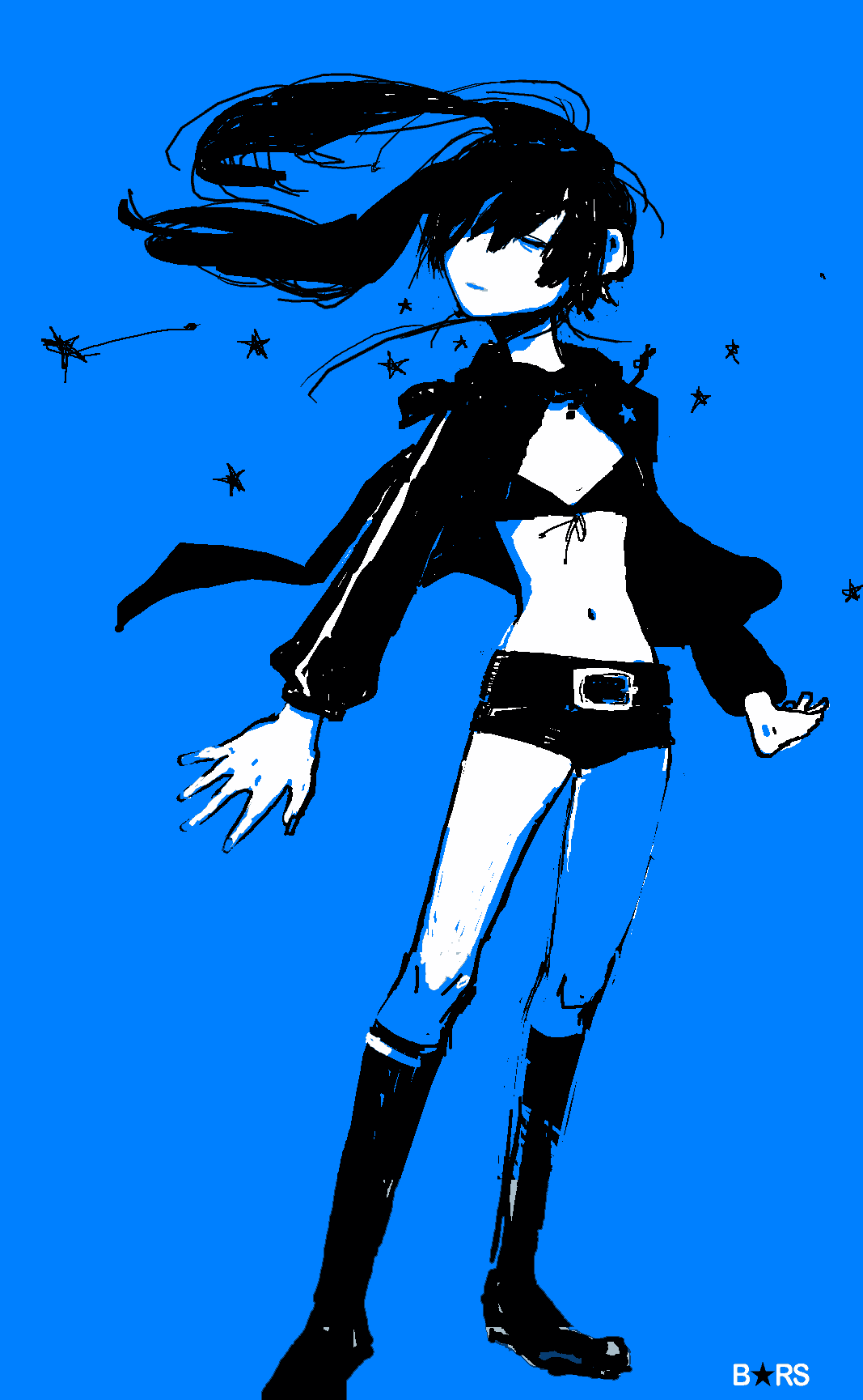 pekosu, black rock shooter (character), hatsune miku, black rock shooter, vocaloid, bad id, bad pixiv id, highres, 10s, 1girl, black hair, blacku00e2u02dcu2026rock shooter, blue theme, closed eyes, female focus, midriff, monochrome, navel, simple background, solo, twintails