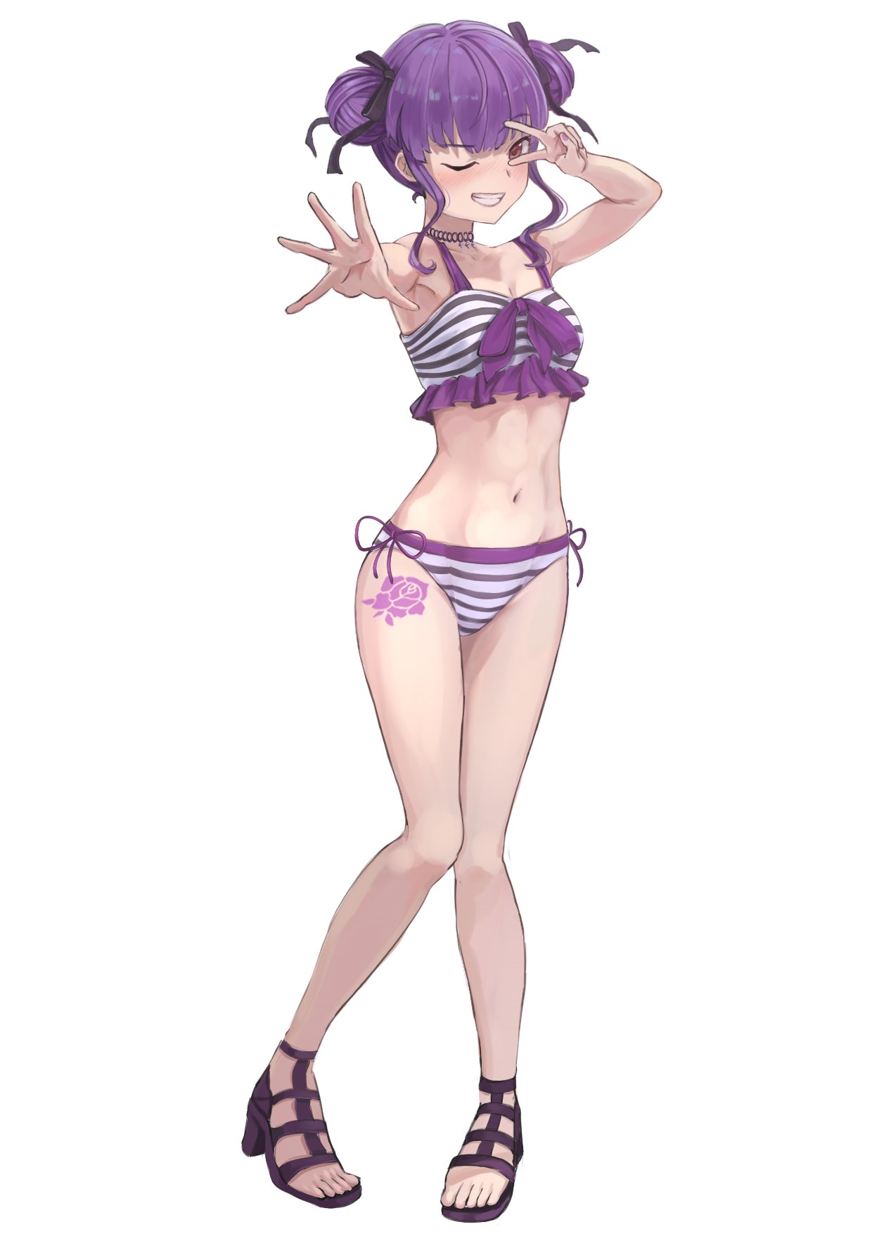 sunnysalt 08, udagawa ako, bang dream!, commentary request, highres, 1girl, bikini, black ribbon, blush, breasts, choker, cleavage, clenched teeth, double bun, full body, hair bun, hair ribbon, looking at viewer, medium breasts, one eye closed, purple hair, purple shoes, red eyes, ribbon, shoes, short hair, side-tie bikini bottom, sidelocks, simple background, solo, stomach, striped bikini, striped clothes, swimsuit, teeth, v, v over eye, white background, white bikini