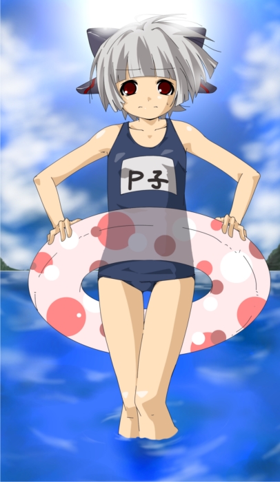 yamazaki kazu, original, silver hair, 1girl, cloud, day, female focus, innertube, name tag, one-piece swimsuit, outdoors, red eyes, school swimsuit, short hair, sky, solo, standing, sun, swim ring, swimsuit, water