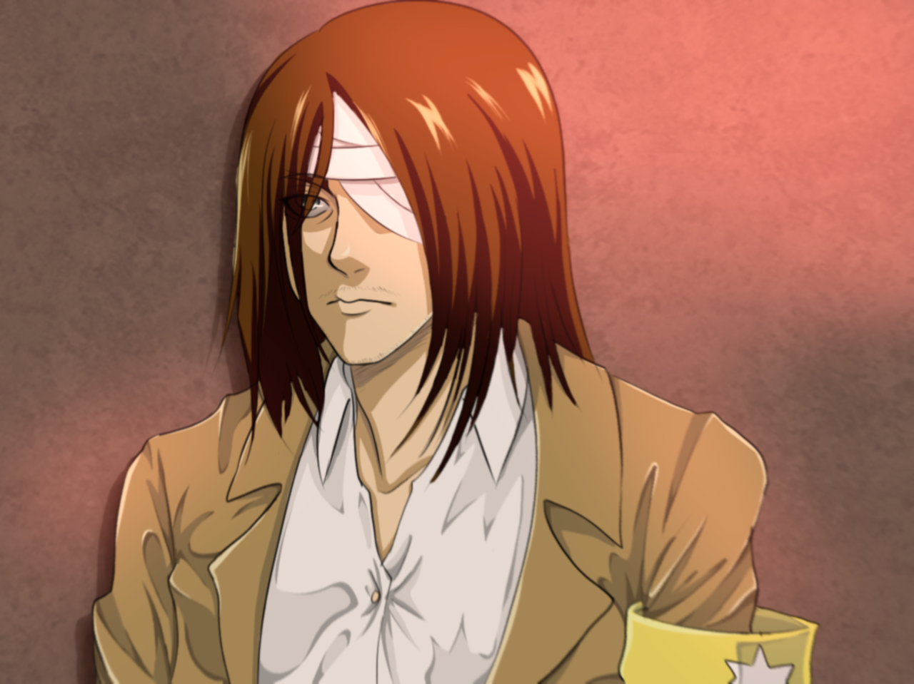 neferkitty, eren yeager, shingeki no kyojin, 1boy, armband, bandage over one eye, bandages, brown hair, emblem, facial hair, green eyes, hair over one eye, jacket, long hair, long sleeves, male focus, marley military uniform, military uniform, mustache, shirt, white shirt