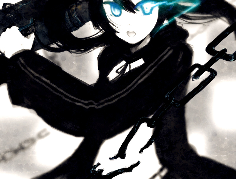 nise (navy), nise (pixiv), black rock shooter (character), hatsune miku, black rock shooter, vocaloid, bad id, bad pixiv id, 10s, 1girl, black hair, blacku00e2u02dcu2026rock shooter, blue eyes, chain, female focus, monochrome, solo, spot color