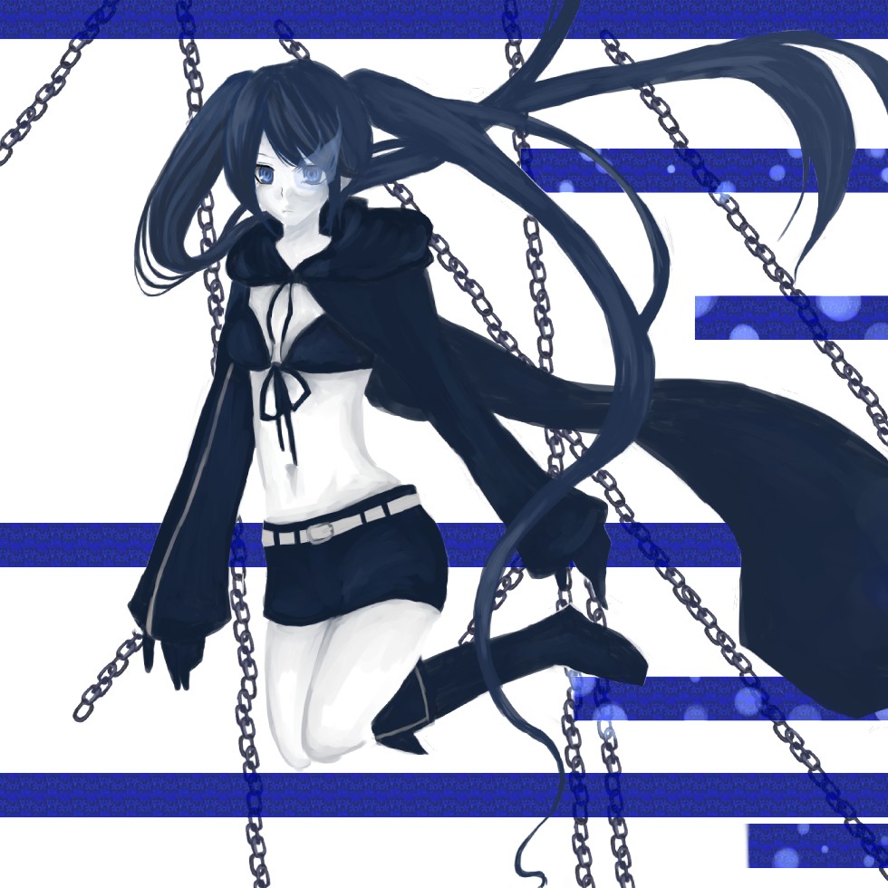 swami, black rock shooter (character), hatsune miku, black rock shooter, vocaloid, bad id, bad pixiv id, 10s, 1girl, blackâ˜…rock shooter, black hair, blue eyes, chain, female focus, full body, midriff, monochrome, navel, solo