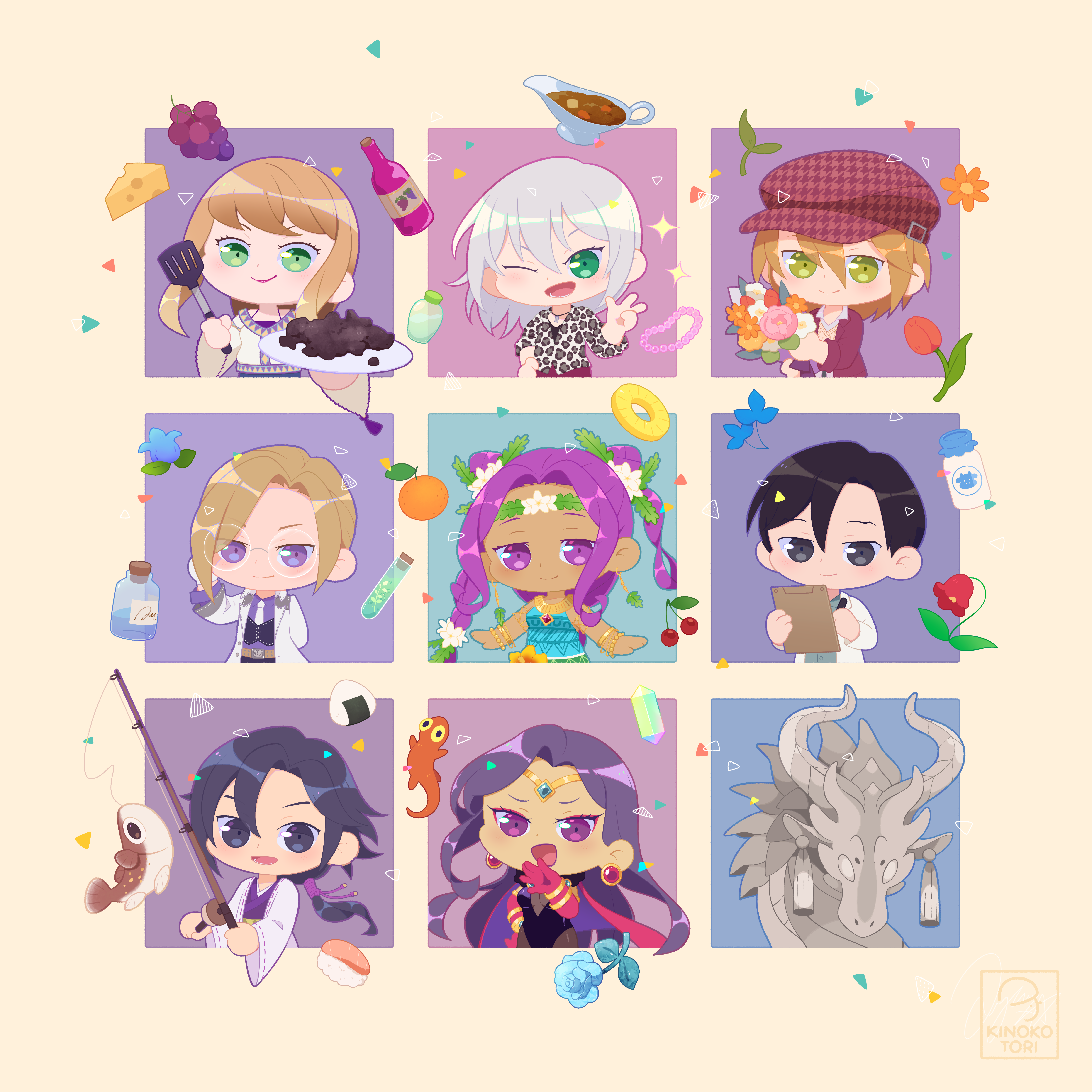 kinokorin, ford (bokujou monogatari), juniper (fields of mistria), kamil (bokujou monogatari), bokujou monogatari, fields of mistria, absurdres, character request, commentary, commentary request, english commentary, highres, mixed-language commentary, 4boys, 4girls, animal print, bad food, black hair, blue flower, blue rose, bouquet, brown hair, caldarus, cheese, clipboard, crystal, curry, dragon, eyelashes, fishing rod, flower, food, fruit, grapes, green eyes, grey eyes, hair between eyes, hat, holding, holding bouquet, holding clipboard, holding spatula, iori (bokujou monogatari), leopard print, lizard, multiple boys, multiple girls, necktie, ojou-sama pose, onigiri, orange flower, pineapple, pineapple slice, ponytail, print shirt, purple eyes, purple hair, red flower, red hat, rose, shirt, short hair, siluka (bokujou monogatari), spatula, tulip, twintails, vial, white necktie, wide sleeves
