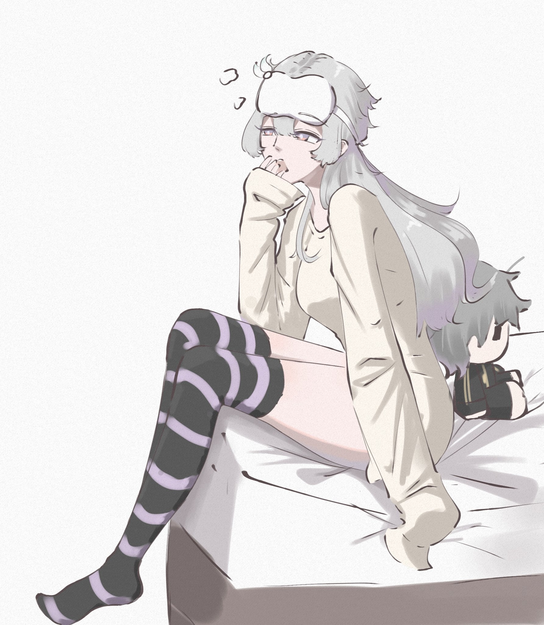 kurisu1904, caelus (honkai: star rail), firefly (honkai: star rail), trailblazer (honkai: star rail), honkai: star rail, honkai (series), highres, 1girl, black thighhighs, character doll, doll, gradient hair, grey hair, grey shirt, hair between eyes, hair intakes, hair ornament, horizontal-striped thighhighs, long sleeves, multicolored eyes, multicolored hair, on bed, open mouth, shirt, simple background, solo, thighhighs, unworn blindfold, white background, yawning