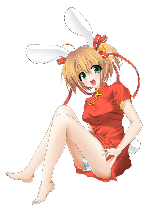 masayu, kamikita komari, little busters!, animal ears, barefoot, china dress, chinese clothes, dress, feet, rabbit ears, solo