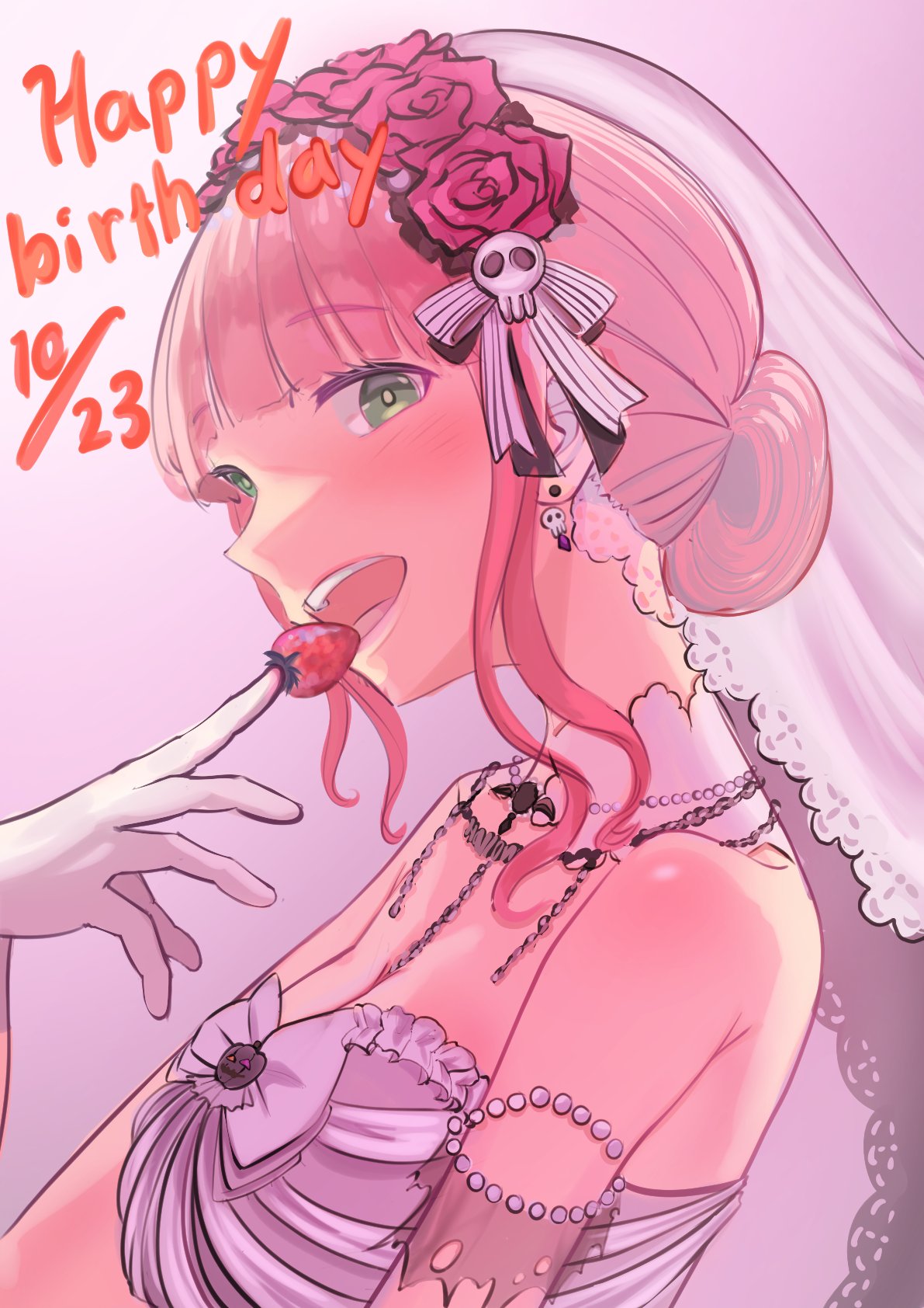sunnysalt 08, uehara himari, bang dream!, commentary, highres, 1girl, breasts, bridal veil, cleavage, dated, dress, food, fruit, gloves, green eyes, hair ornament, happy birthday, large breasts, open mouth, pink hair, short hair, sidelocks, skull hair ornament, solo, strapless, strapless dress, strawberry, teeth, upper body, veil, white background, white dress, white gloves