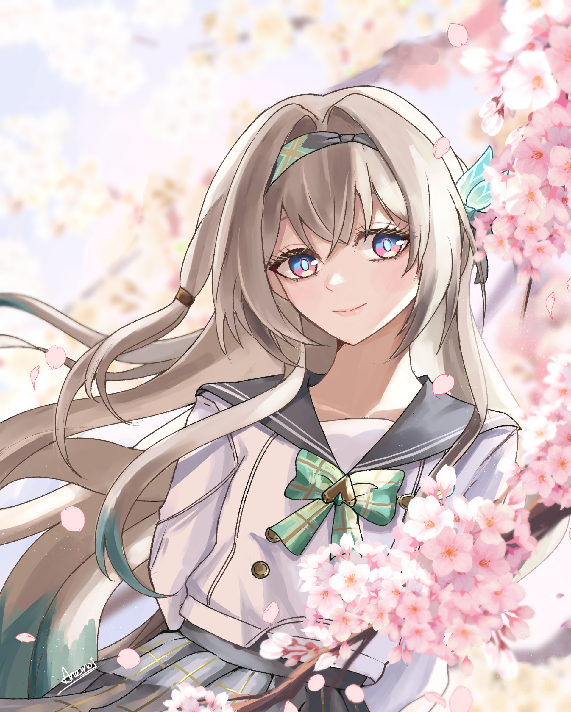firefly (honkai: star rail), firefly (spring missive) (honkai: star rail), honkai: star rail, honkai (series), highres, 1girl, anemonenot, blush, bow, bowtie, branch, buttons, cherry blossoms, closed mouth, collared shirt, double-breasted, gradient hair, green bow, green bowtie, green pupils, grey hair, grey hairband, grey ribbon, grey skirt, hair between eyes, hair intakes, hair ornament, hair ribbon, hair tubes, hairband, long hair, multicolored eyes, multicolored hair, plaid bow, plaid bowtie, plaid clothes, pleated skirt, ribbon, shirt, skirt, smile, solo, tree, white shirt