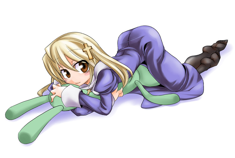 kobayashi tetsuya, abe maria (kamisama no iutoori!), kamisama no iutoori!, 1girl, black pantyhose, blonde hair, blush, brown eyes, cross, crossed arms, crossed legs, female focus, hug, jewelry, latin cross, looking at viewer, lying, necklace, no nose, nun, pantyhose, rabbit, sitting, smile, solo, stuffed toy, top-down bottom-up