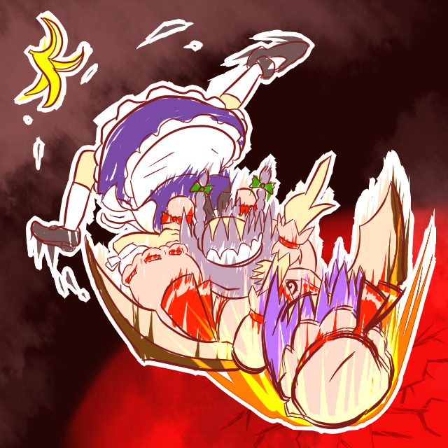 ichizen (watakku), izayoi sakuya, remilia scarlet, touhou, 2girls, banana, banana peel, female focus, food, fruit, gradient background, maid, multiple girls