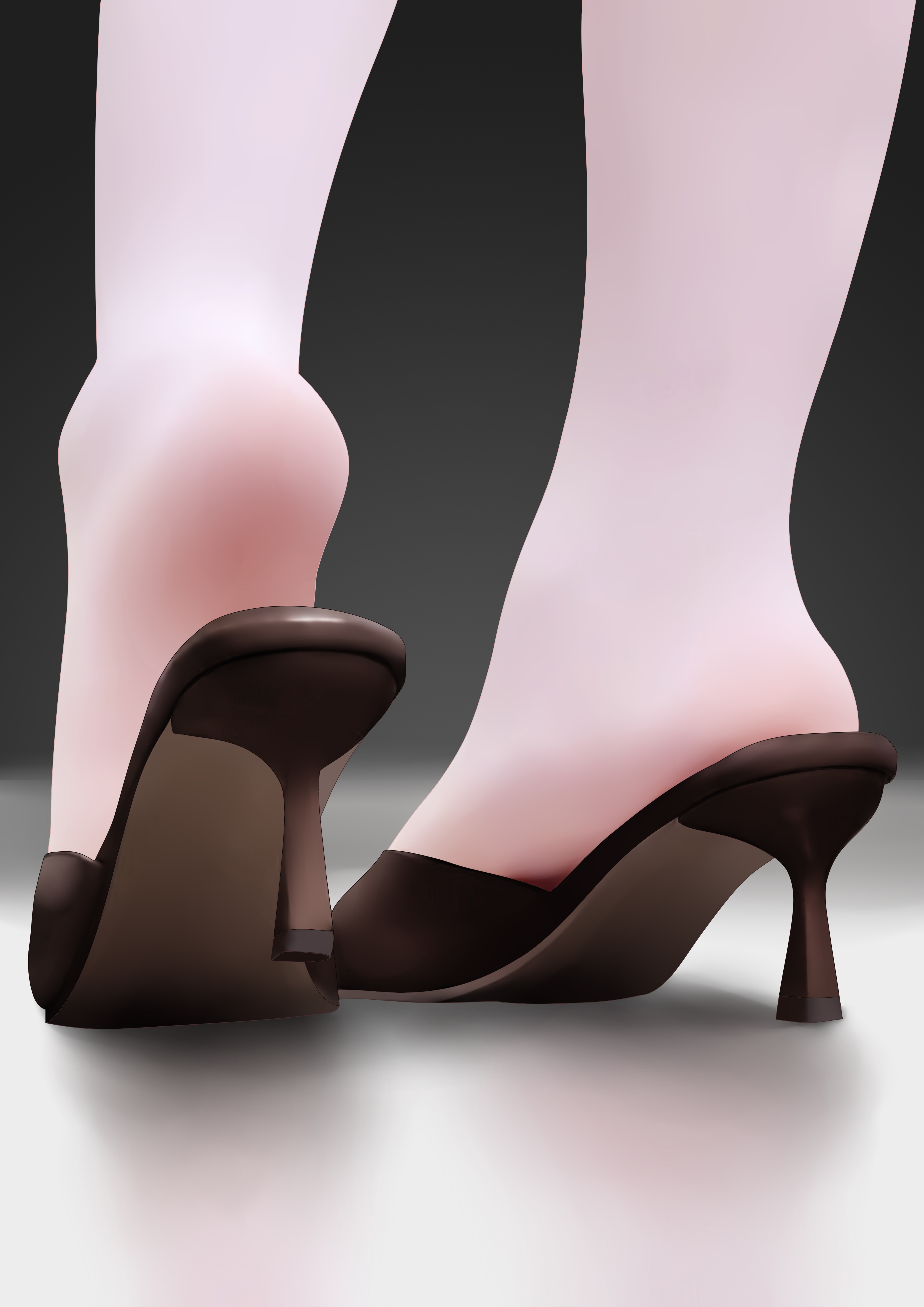 sym., black footwear, absurdres, highres, 1girl, black background, close-up, feet, foot focus, from behind, gradient background, heel up, high heels, lower body, pantyhose, reflective floor, shadow, shoe dangle, shoes, soles, solo, tiptoes, toes, white pantyhose