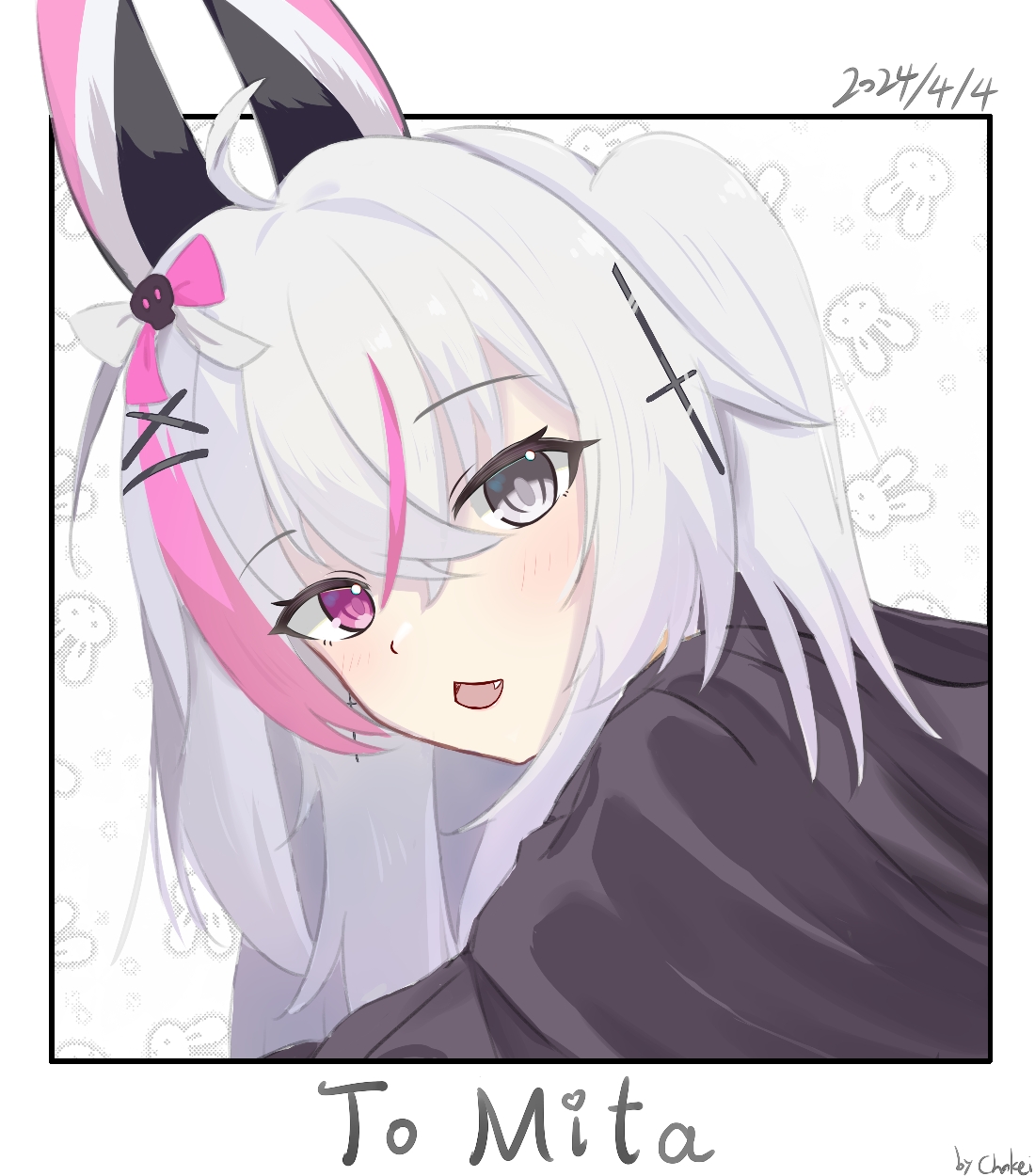 chokei, original, highres, 1girl, ahoge, bow, fang, from side, grey eyes, hair between eyes, hair ornament, hairclip, heterochromia, hood, hoodie, looking at viewer, multicolored hair, open mouth, pink eyes, pink hair, rabbit ears, simple background, skull hair ornament, solo, twintails, white background, white hair, x hair ornament