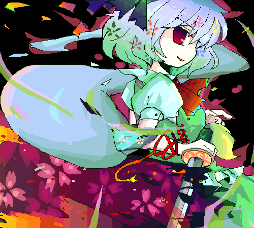 kazu (artist), kazu (muchuukai), konpaku youmu, konpaku youmu (ghost), touhou, bad id, bad pixiv id, lowres, 1girl, albino, colorful, female focus, flower, from side, hitodama, holding sword, katana, oekaki, profile, red eyes, solo, sword, weapon, white hair