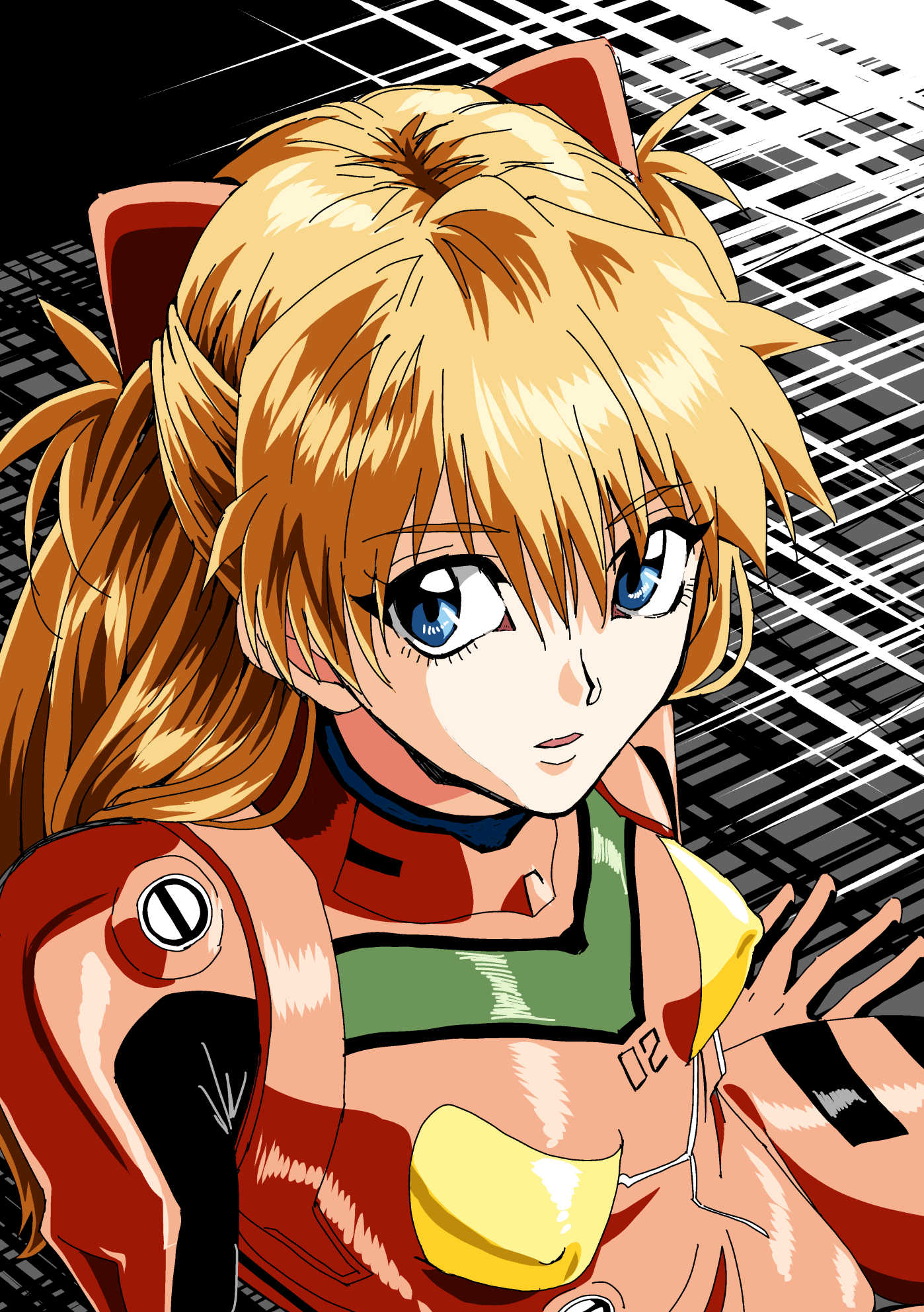 yuutaku, souryuu asuka langley, neon genesis evangelion, highres, 1girl, blue eyes, bodysuit, breasts, brown hair, from above, hair between eyes, hair ornament, lips, long hair, looking at viewer, looking back, mecha pilot suit, open mouth, plugsuit (evangelion), red bodysuit, shiny clothes, simple background, sitting, skin tight, skindentation, solo, two side up, wide hips