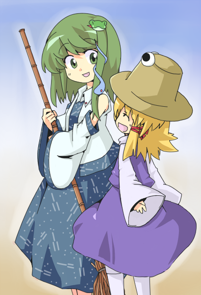 ane, kochiya sanae, konpaku youmu, moriya suwako, touhou, bad id, bad pixiv id, 2girls, :d, ^ ^, bamboo broom, bare shoulders, blonde hair, broom, closed eyes, detached sleeves, female focus, green eyes, green hair, hair ornament, hair ribbon, happy, hat, japanese clothes, miko, multiple girls, open mouth, ribbon, smile, wide sleeves