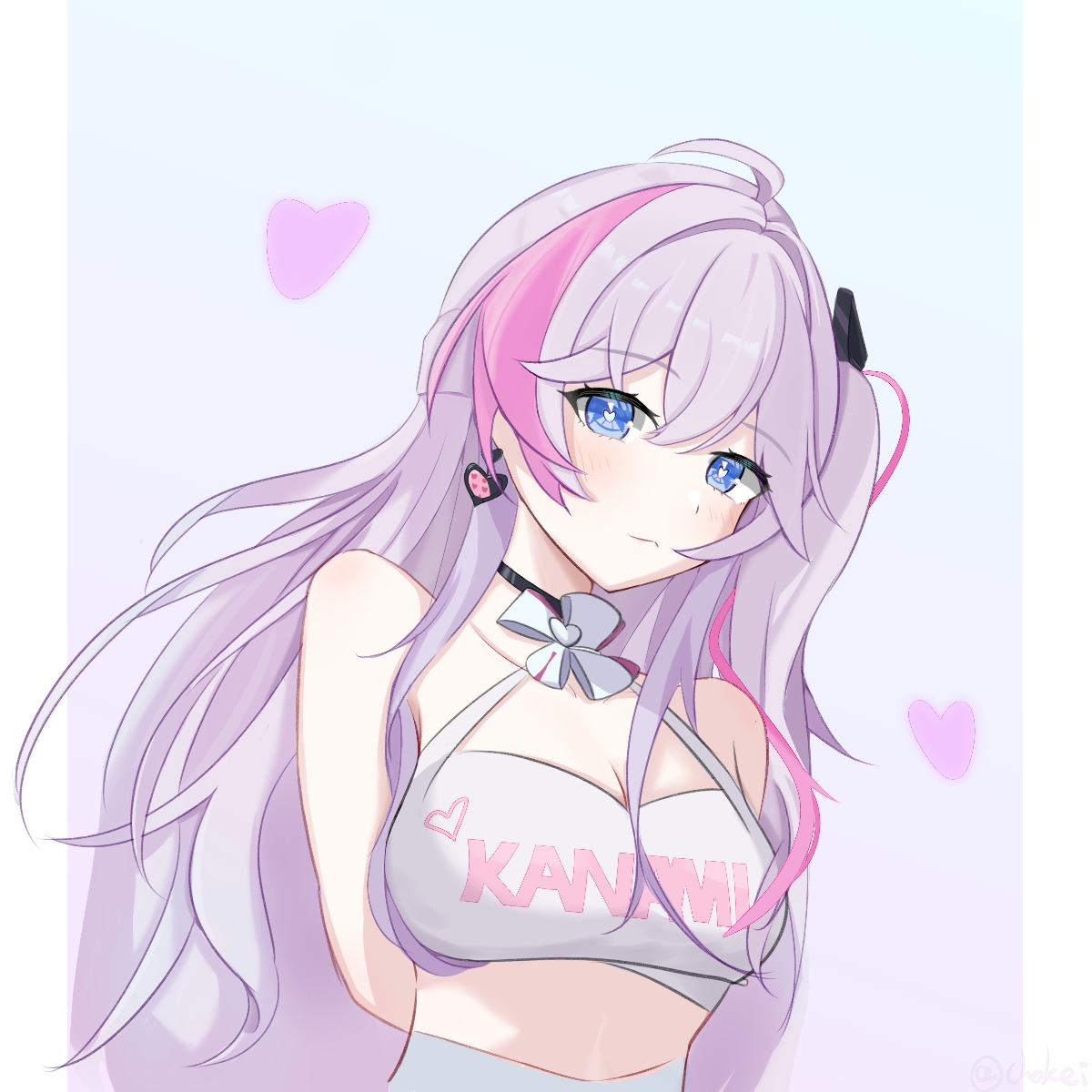 chokei, kanami (strinova), strinova, 1girl, :<, ahoge, arms behind back, blue eyes, blush, bow, breasts, choker, collarbone, crop top, earrings, hair between eyes, heart, heart-shaped pupils, jewelry, large breasts, long hair, looking at viewer, multicolored hair, pink hair, side ponytail, simple background, solo, symbol-shaped pupils, white hair