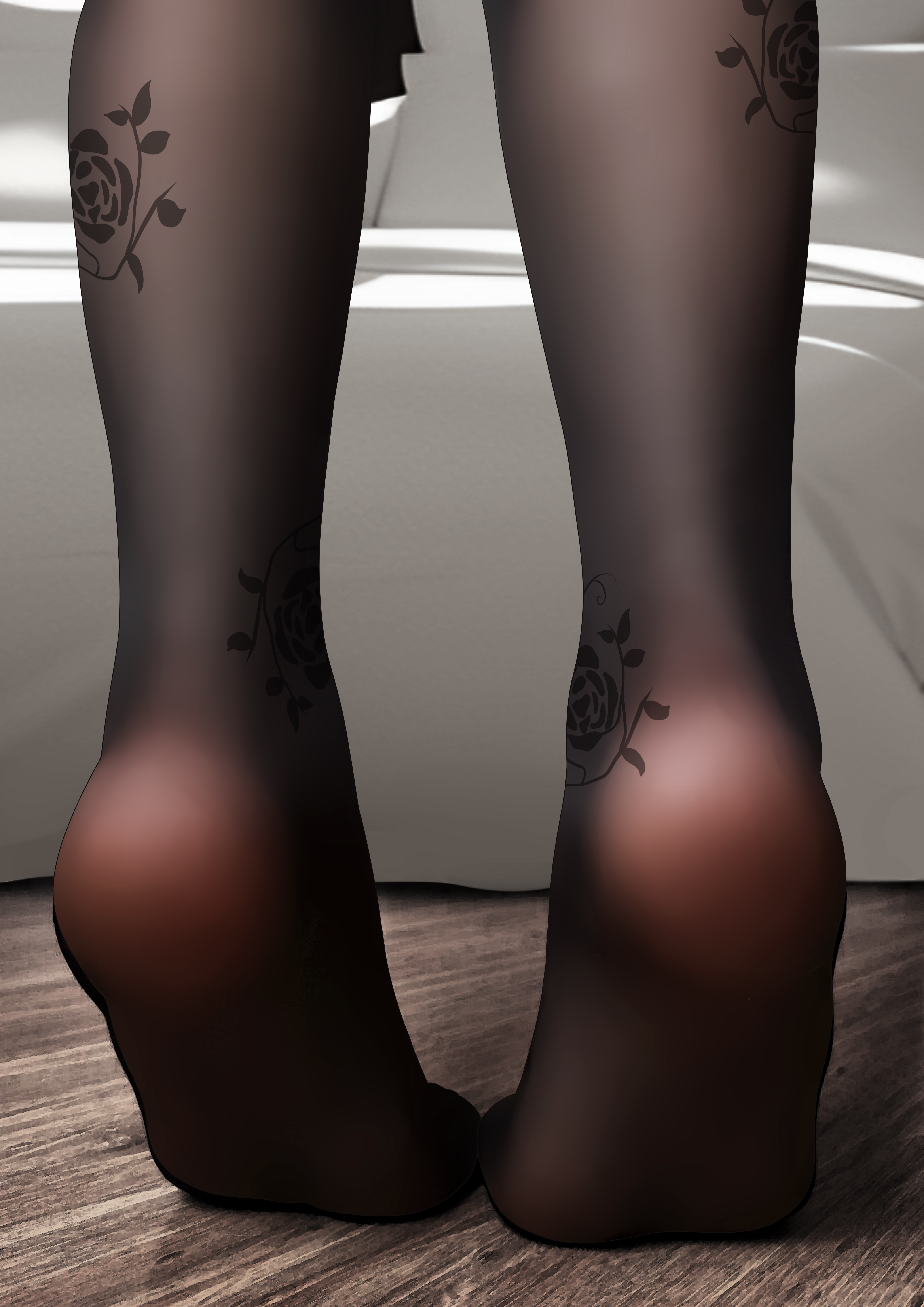 sym., highres, 1girl, black pantyhose, brown pantyhose, close-up, feet, fine fabric emphasis, floral print, foot focus, from behind, indoors, legs, lower body, no shoes, pantyhose, rose print, soles, solo, standing, tiptoes, toes, wooden floor
